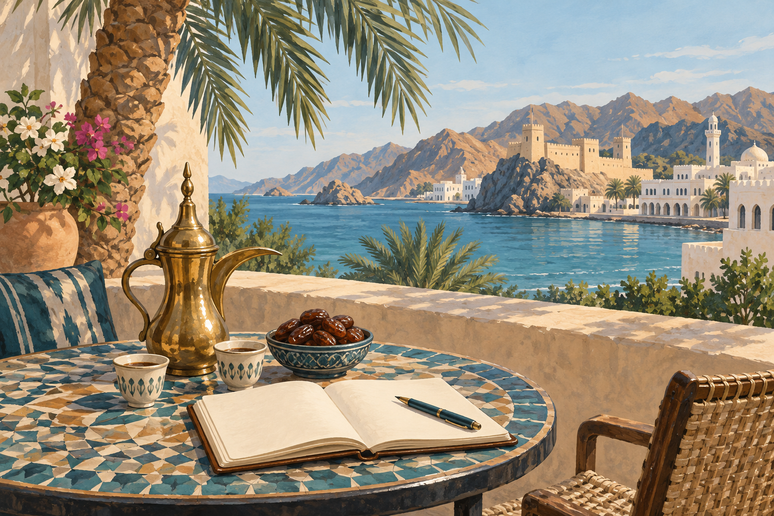 Illustration: Arabischer Kaffee, Datteln und ein Notizbuch auf einer Terrasse am Meer.