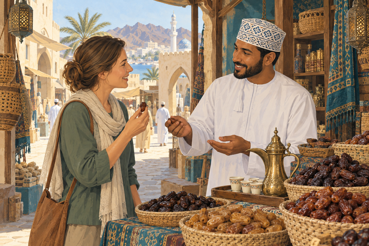 Illustration: Eine Reisende spricht mit einem omanischen Händler im Souk.